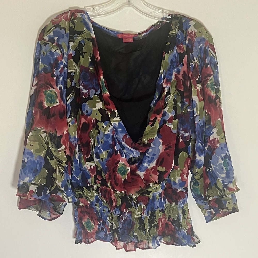 Sunny‎ Leigh Top Womens Medium Multi Floral Sheer V Neck Elastic Waist Ruffle M
